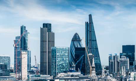 The City of London skyline, with the Gherkin and Leadenhall Building rising above the financial district